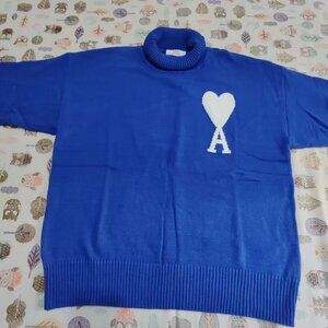 AMI Paris Signature Heart & A Logo Blue Knit Sweater